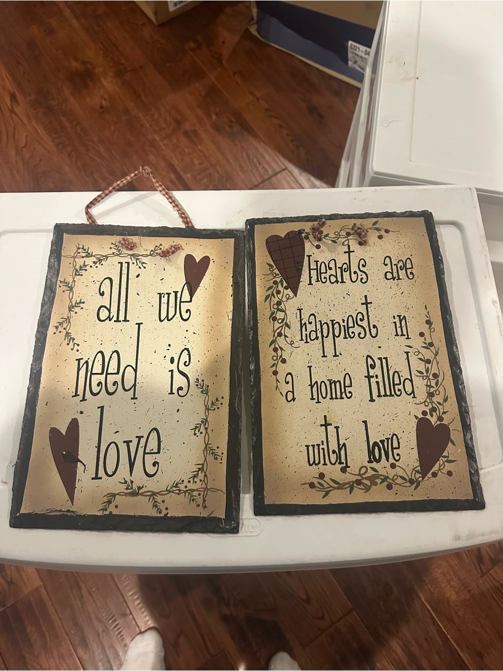 Set of 2 Rustic Love Wall Plaques - Beige and Burgundy